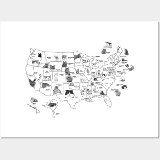 Black and White United States Cat Map Posters and Art